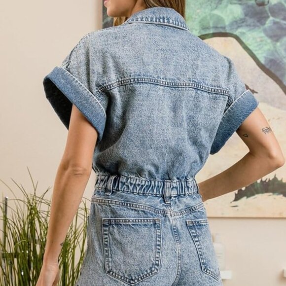 Distressed Light Wash Denim Buttoned Romper - Picture 3 of 5
